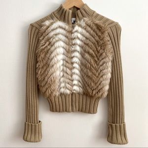 Kookai Tan and White Ribbed Fur Zip Up